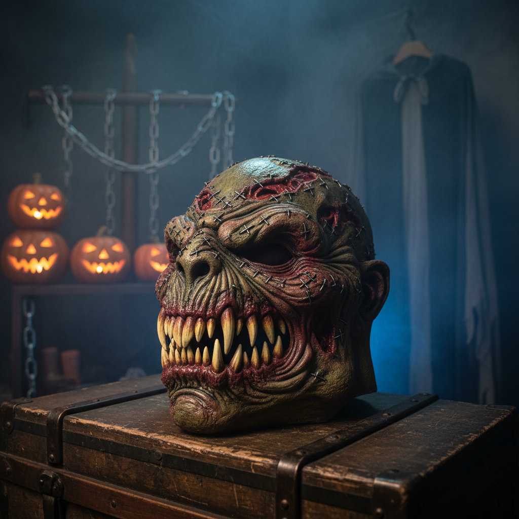 A detailed lifestyle scene of a single latex creature mask resting on a distressed wooden trunk in a dark, foggy Halloween-inspired room. The mask features elongated teeth, torn skin, and metallic staples, with realistic latex folds and shaded airbrush work. Behind it, blurred props like faux chains, carved pumpkins, and a hanging tattered cloak create context without stealing focus. Moody, low-key lighting with a cool blue rim from the back and a warmer key from the front accentuates texture and gloss. Captured at a three-quarter angle with medium depth of field, the mask dominates the frame, evoking a bold, cinematic horror ambiance ideal for cosplay and haunted attractions.
