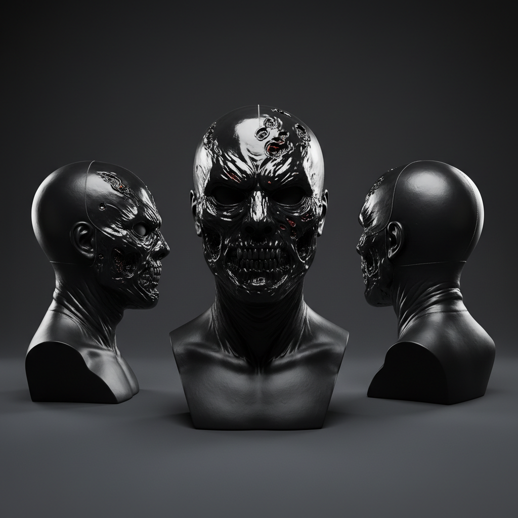 A dramatic, multi-angle display of a single signature latex mask set against a seamless charcoal backdrop in a professional studio. The main mask is front-facing on a black bust in the center, intensely detailed with torn flesh, exposed bone, and glossy, reflective eyes. To the sides, smaller in-frame stands present the same mask from side and three-quarter rear views, showcasing sculpted neck folds, ear details, and hidden seams. High-contrast studio lighting from both sides and a subtle backlight create gleaming highlights on the latex and a faint halo separating it from the background. Shot with sharp focus throughout and a bold, symmetrical composition, emphasizing premium craftsmanship for collectors and serious cosplayers.