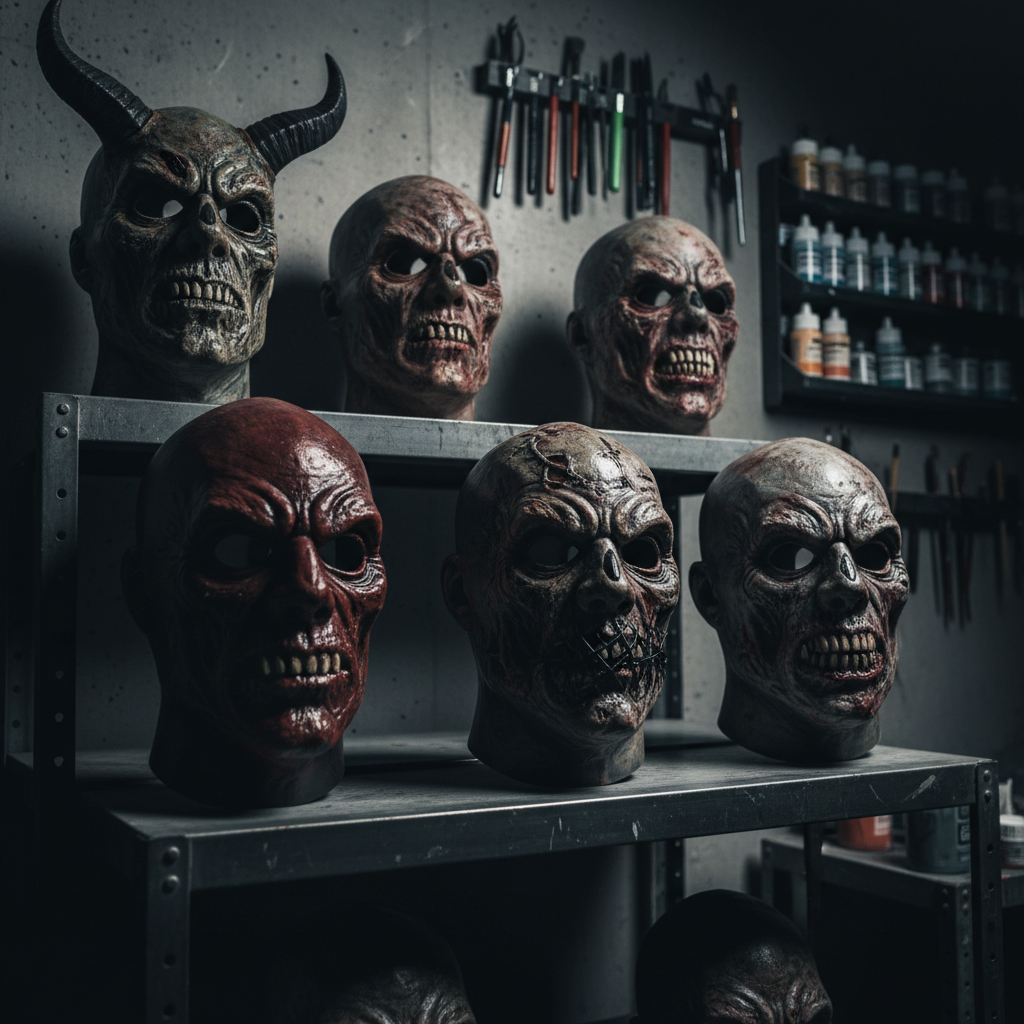 A wide, cinematic shot of a custom latex mask collection arranged on staggered industrial metal shelves in a dim studio. Each mask has a unique design: demonic horns, stitched mouths, rotting zombie flesh, all rendered with photorealistic latex sheen, hand-painted weathering, and tiny imperfections. Soft, directional studio lighting from the left creates glints on glossy surfaces and deep shadows in eye sockets. The concrete wall behind is slightly out of focus, with hanging sculpting tools and paint racks hinting at a workshop. Shot from a slightly low angle to make the masks feel imposing and powerful, with a bold, dramatic mood perfect for Halloween collectors.
