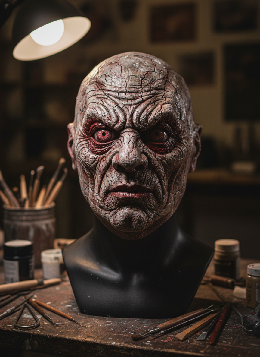 A hyper-detailed, photorealistic close-up of an ultra-high-quality latex horror mask displayed on a matte black bust. The mask has cracked, aged skin texture, glossy bloodshot eyes, and subtle veins visible under semi-translucent latex. It sits on a dark workbench dusted with paint pigments and sculpting tools scattered around. Dramatic side lighting from a single overhead lamp carves deep shadows into the facial features, emphasizing wrinkles and pores. Shot at eye level with shallow depth of field so the mask is razor sharp while the background fades into cinematic bokeh, creating a bold, intense, collector-grade atmosphere that feels handcrafted and premium.