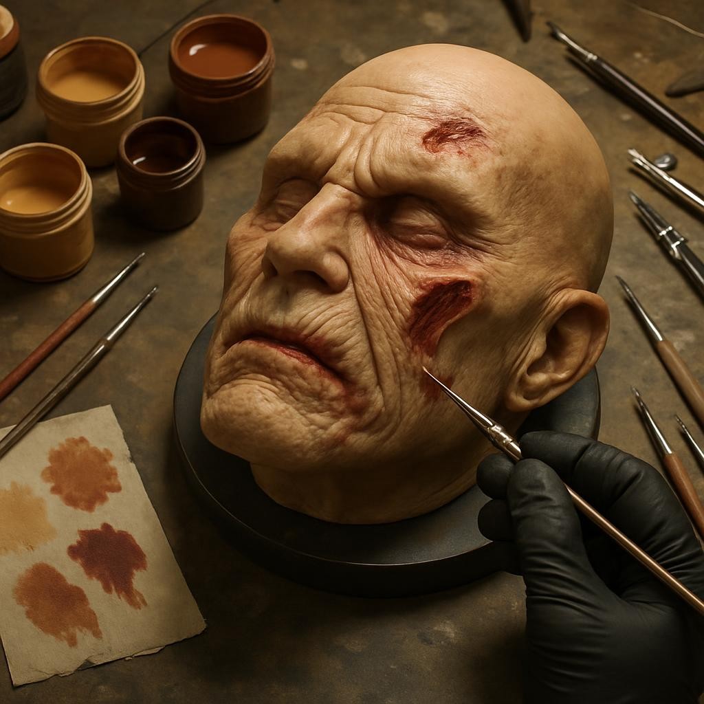 An over-the-shoulder, photorealistic view of a latex mask being meticulously detailed on a cluttered artisan worktable, with no visible person, only gloved hands implied outside the frame. The half-finished mask lies on a rotating stand, showing sculpted wrinkles, open wounds, and realistic pores in raw latex. Around it are open paint pots, airbrushes, fine brushes, and sculpting tools, with color tests on nearby scraps. Strong overhead workshop lighting creates crisp highlights on wet paint and soft shadows under raised textures. Shot from a slightly elevated angle, focusing sharply on the mask while the edges of the table blur, conveying handcrafted quality and behind-the-scenes creation in a bold, authentic atmosphere.